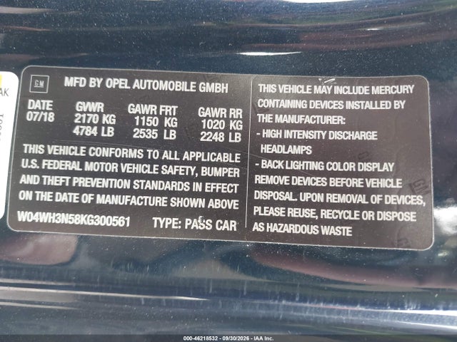 Aukcja sprzedaży 2019 Buick Cascada Premium, vin: W04WH3N58KG300561, numer aukcji: 46218532