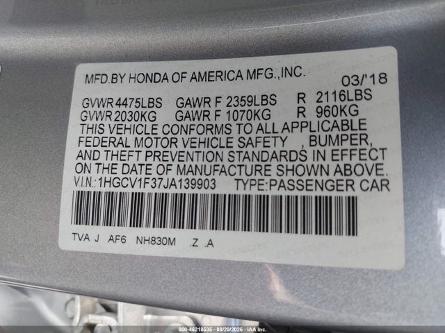 46218535 :رقم المزاد ، 1HGCV1F37JA139903 vin ، 2018 Honda Accord Sport مزاد بيع