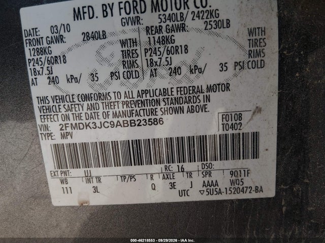 Продаж на аукціоні авто 2010 Ford Edge Sel, vin: 2FMDK3JC9ABB23586, номер лоту: 46218553