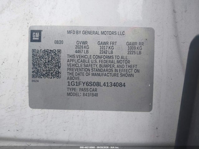 2020 Chevrolet Bolt Ev Fwd Lt მანქანა იყიდება აუქციონზე, vin: 1G1FY6S08L4134084, აუქციონის ნომერი: 46218560