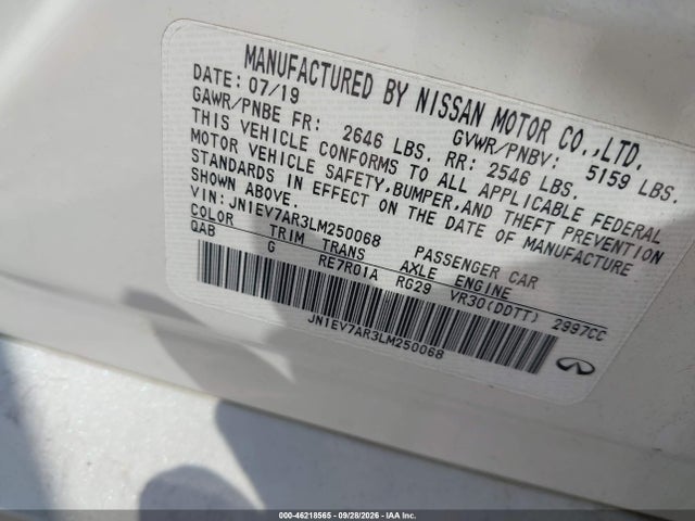 Продажа на аукционе авто 2020 Infiniti Q50 Luxe Awd, vin: JN1EV7AR3LM250068, номер лота: 46218565