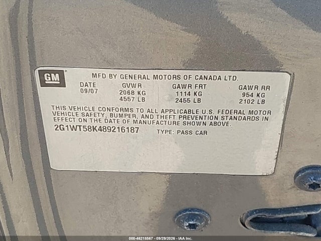 Aukcja sprzedaży 2008 Chevrolet Impala Lt, vin: 2G1WT58K489216187, numer aukcji: 46218567