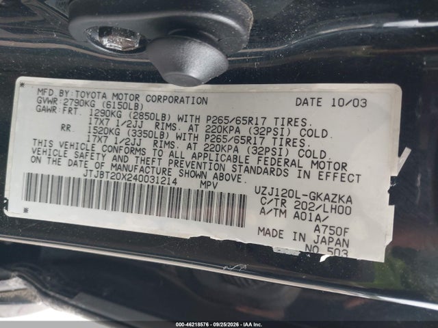Aukcja sprzedaży 2004 Lexus Gx 470, vin: JTJBT20X240031214, numer aukcji: 46218576