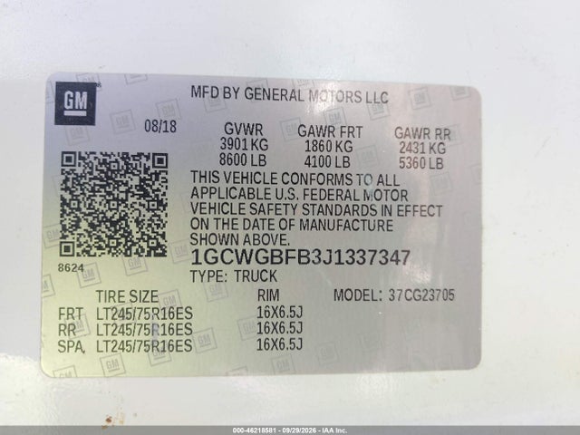 46218581 :رقم المزاد ، 1GCWGBFB3J1337347 vin ، 2018 Chevrolet Express 2500 Work Van مزاد بيع