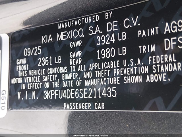 Aukcja sprzedaży 2025 Kia K4 Ex, vin: 3KPFU4DE6SE211435, numer aukcji: 46218588