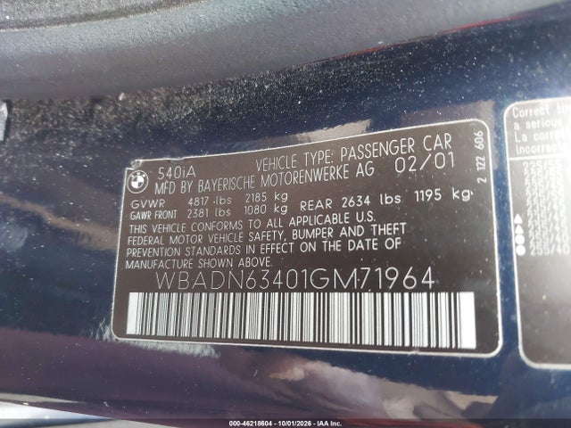 2001 Bmw 540ia მანქანა იყიდება აუქციონზე, vin: WBADN63401GM71964, აუქციონის ნომერი: 46218604