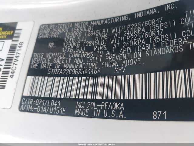 Aukcja sprzedaży 2006 Toyota Sienna Xle Limited, vin: 5TDZA22C96S541464, numer aukcji: 46218614