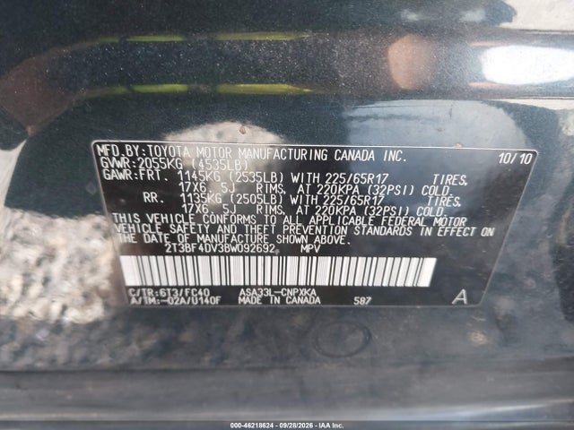 2011 Toyota Rav4 მანქანა იყიდება აუქციონზე, vin: 2T3BF4DV3BW092692, აუქციონის ნომერი: 46218624