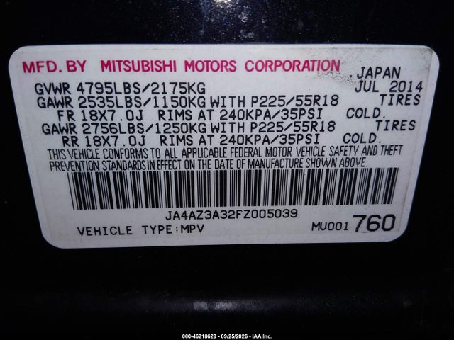 Продаж на аукціоні авто 2015 Mitsubishi Outlander Se, vin: JA4AZ3A32FZ005039, номер лоту: 46218629