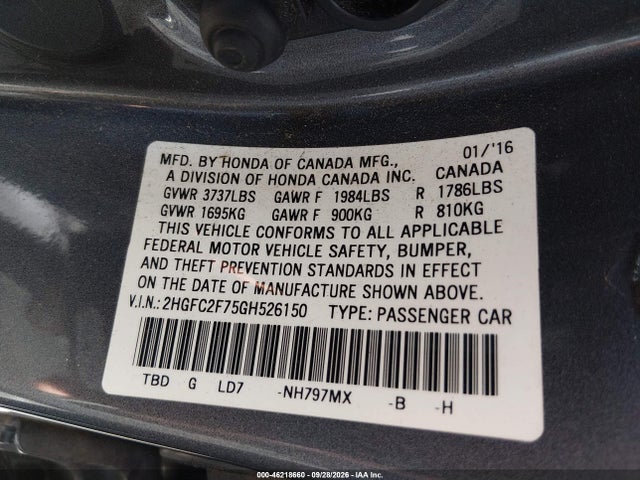Honda CIVIC EX 2016 2HGFC2F75GH526150 Image 9