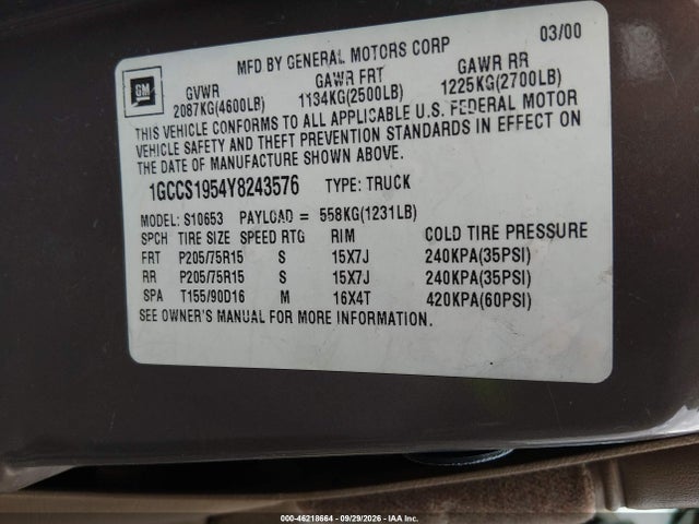Продаж на аукціоні авто 2000 Chevrolet S-10 Ls, vin: 1GCCS1954Y8243576, номер лоту: 46218664