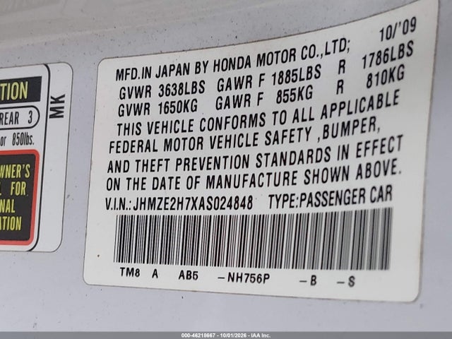 46218667 :رقم المزاد ، JHMZE2H7XAS024848 vin ، 2010 Honda Insight Ex مزاد بيع