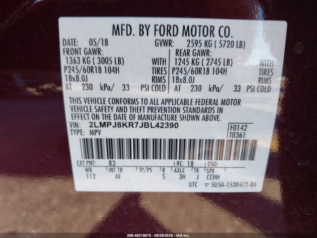 46218675 :رقم المزاد ، 2LMPJ8KR7JBL42390 vin ، 2018 Lincoln Mkx Select مزاد بيع
