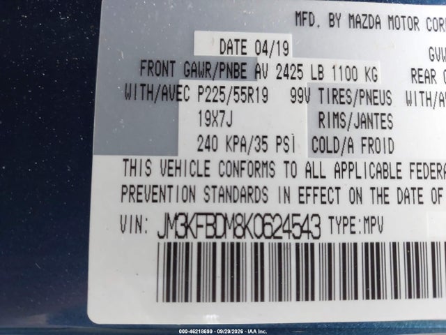 46218699 :رقم المزاد ، JM3KFBDM8K0624543 vin ، 2019 Mazda Cx-5 Grand Touring مزاد بيع