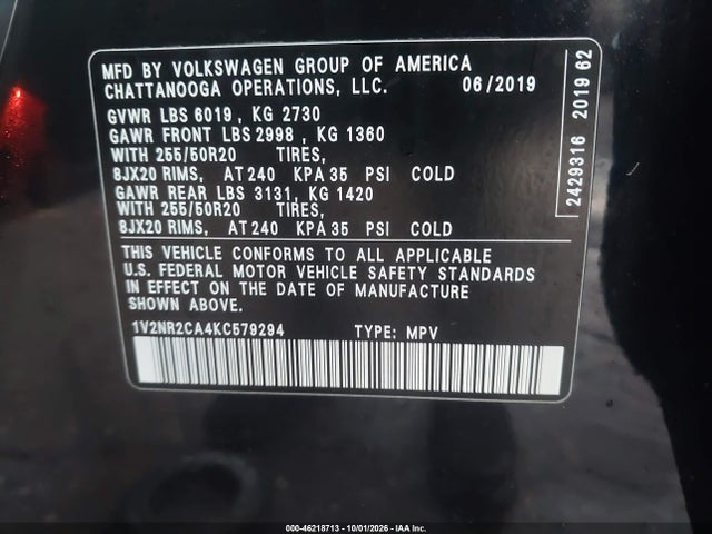 2019 Volkswagen Atlas 3.6l V6 Sel Premium მანქანა იყიდება აუქციონზე, vin: 1V2NR2CA4KC579294, აუქციონის ნომერი: 46218713