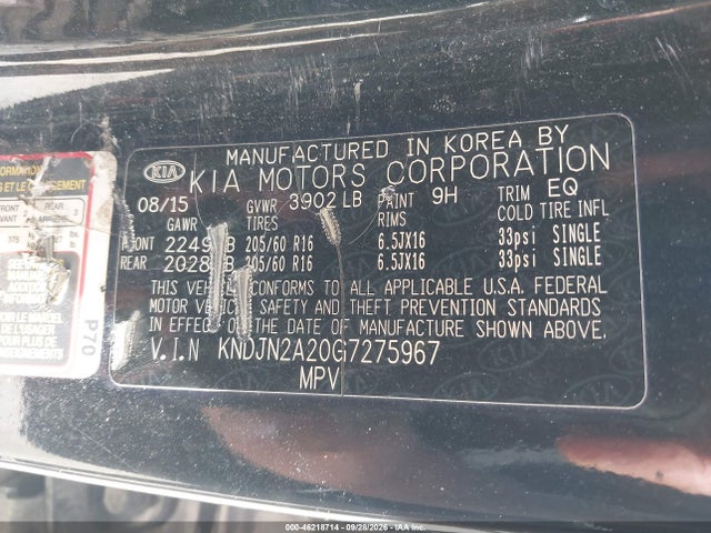 2016 Kia Soul მანქანა იყიდება აუქციონზე, vin: KNDJN2A20G7275967, აუქციონის ნომერი: 46218714