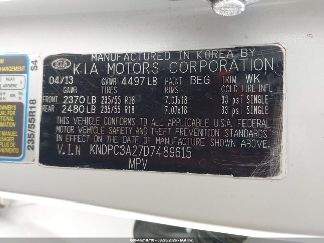 46218718 :رقم المزاد ، KNDPC3A27D7489615 vin ، 2013 Kia Sportage Ex مزاد بيع