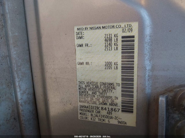 Aukcja sprzedaży 2009 Nissan Maxima 3.5 Sv, vin: 1N4AA51E19C841867, numer aukcji: 46218719