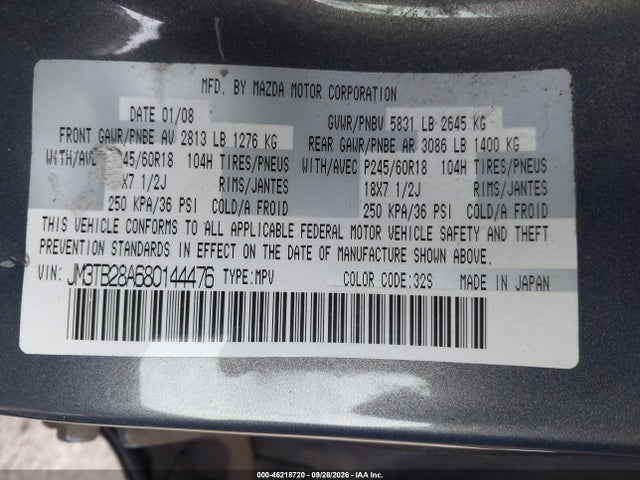 Aukcja sprzedaży 2008 Mazda Cx-9 Sport, vin: JM3TB28A680144476, numer aukcji: 46218720