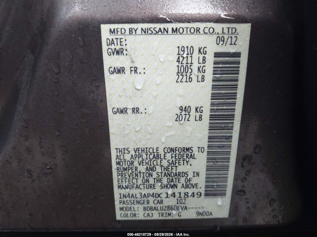 Auction sale of the 2013 Nissan Altima 2.5 Sv, vin: 1N4AL3AP4DC141849, lot number: 46218729