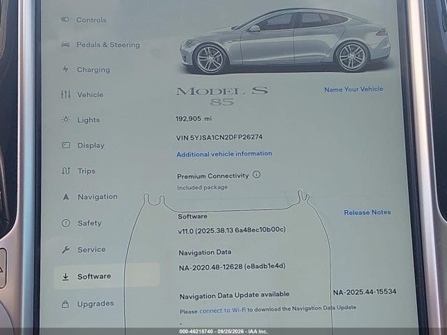 46218740 :رقم المزاد ، 5YJSA1CN2DFP26274 vin ، 2013 Tesla Model S مزاد بيع