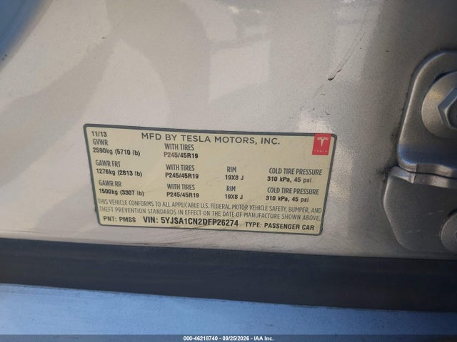 46218740 :رقم المزاد ، 5YJSA1CN2DFP26274 vin ، 2013 Tesla Model S مزاد بيع