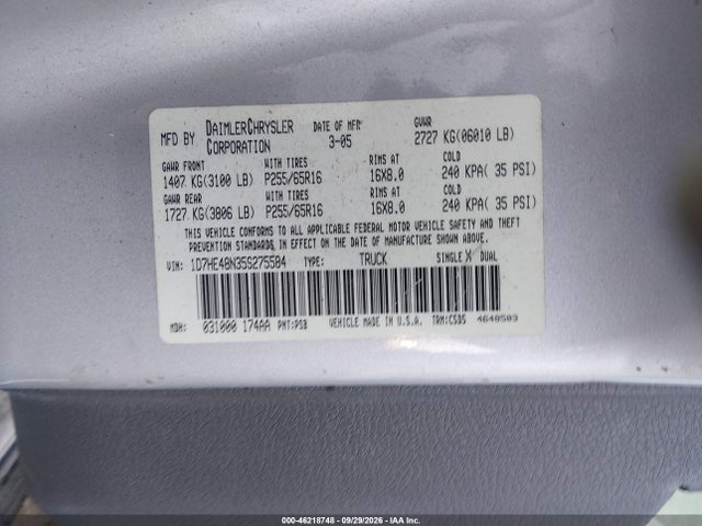2005 Dodge Dakota Slt მანქანა იყიდება აუქციონზე, vin: 1D7HE48N35S275584, აუქციონის ნომერი: 46218748