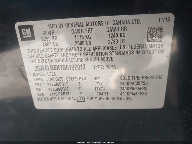 46218757 :رقم المزاد ، 2GNALBEK7G6192012 vin ، 2016 Chevrolet Equinox Ls مزاد بيع