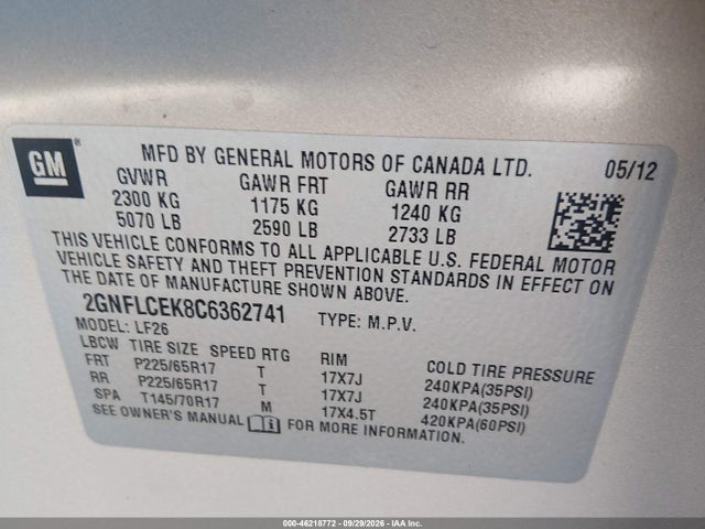 Aukcja sprzedaży 2012 Chevrolet Equinox Ls, vin: 2GNFLCEK8C6362741, numer aukcji: 46218772