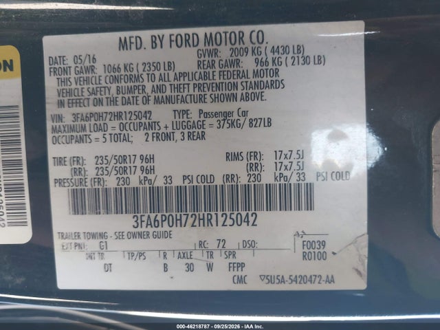 46218787 :رقم المزاد ، 3FA6P0H72HR125042 vin ، 2017 Ford Fusion Se مزاد بيع