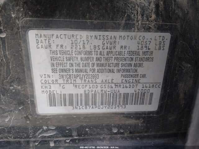 2018 Nissan Sentra Sr Turbo მანქანა იყიდება აუქციონზე, vin: 3N1CB7AP0JY203993, აუქციონის ნომერი: 46218790