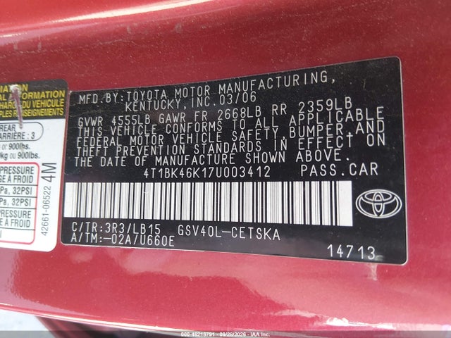 Продаж на аукціоні авто 2007 Toyota Camry Se V6, vin: 4T1BK46K17U003412, номер лоту: 46218791