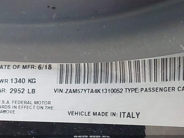 2019 Maserati Ghibli S Q4 მანქანა იყიდება აუქციონზე, vin: ZAM57YTA4K1310052, აუქციონის ნომერი: 46218795
