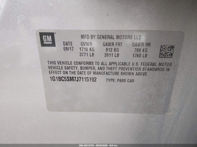 46218798 :رقم المزاد ، 1G1BC5SM7J7115192 vin ، 2018 Chevrolet Cruze Ls Auto مزاد بيع