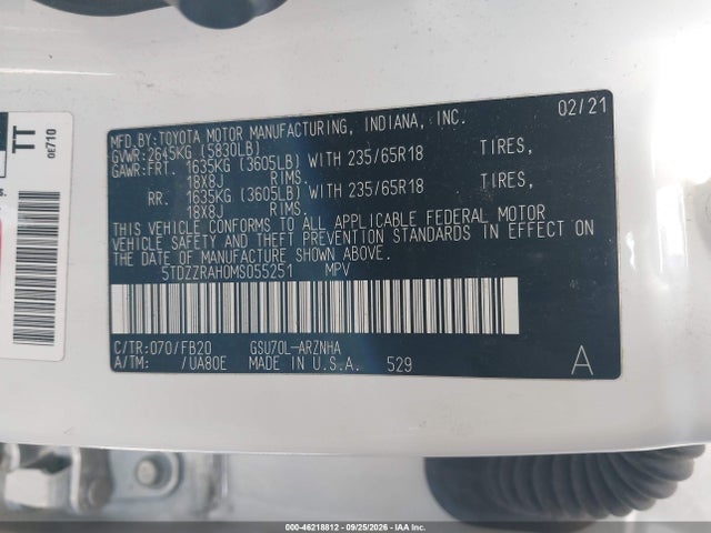 Aukcja sprzedaży 2021 Toyota Highlander Le, vin: 5TDZZRAH0MS055251, numer aukcji: 46218812