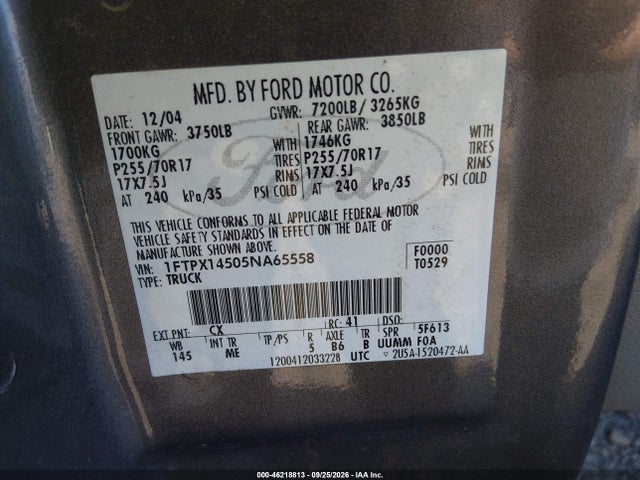 Продажа на аукционе авто 2005 Ford F-150 Fx4/lariat/xl/xlt, vin: 1FTPX14505NA65558, номер лота: 46218813