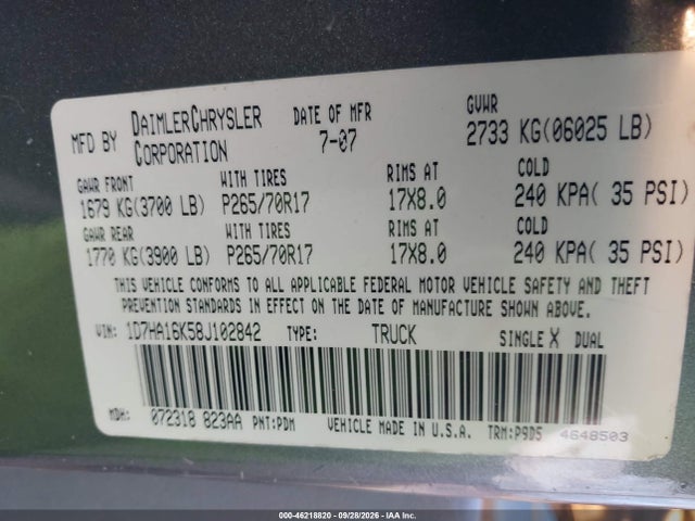 Продажа на аукционе авто 2008 Dodge Ram 1500 St/sxt, vin: 1D7HA16K58J102842, номер лота: 46218820