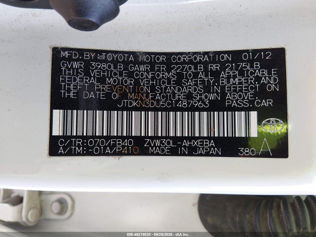 Продаж на аукціоні авто 2012 Toyota Prius Two, vin: JTDKN3DU5C1487963, номер лоту: 46218830