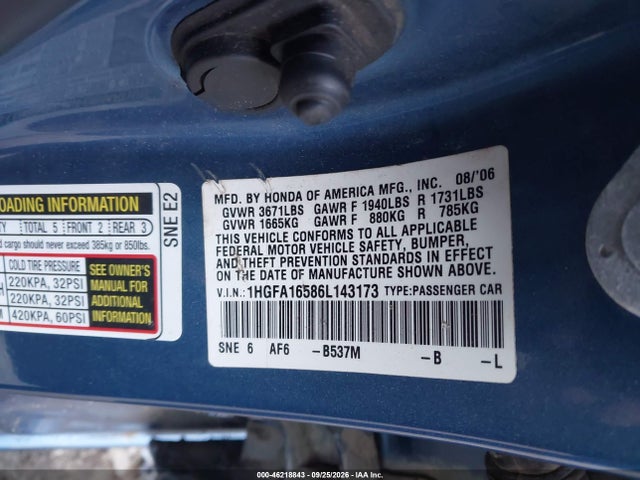 2006 Honda Civic Lx მანქანა იყიდება აუქციონზე, vin: 1HGFA16586L143173, აუქციონის ნომერი: 46218843