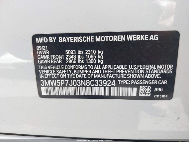 Aukcja sprzedaży 2022 Bmw 330e, vin: 3MW5P7J03N8C33924, numer aukcji: 46218852