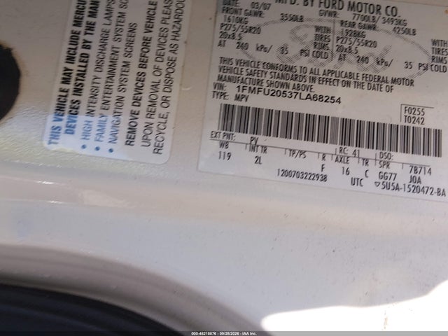 Продажа на аукционе авто 2007 Ford Expedition Limited, vin: 1FMFU20537LA68254, номер лота: 46218876