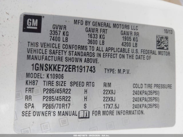 Продаж на аукціоні авто 2014 Chevrolet Suburban 1500 Ltz, vin: 1GNSKKE72ER191743, номер лоту: 46218879