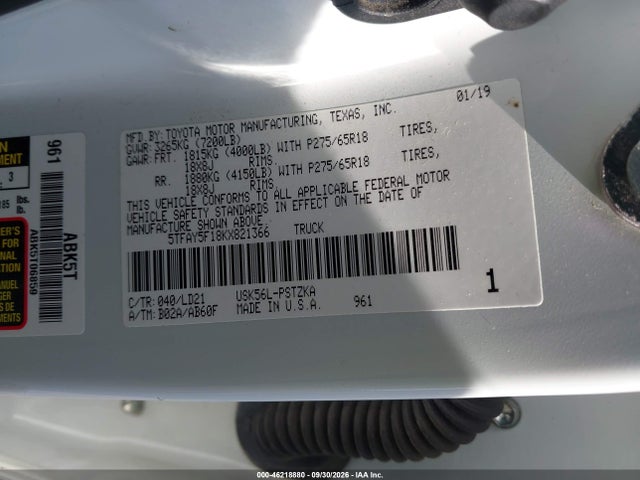 46218880 :رقم المزاد ، 5TFAY5F18KX821366 vin ، 2019 Toyota Tundra 1794 5.7l V8 مزاد بيع