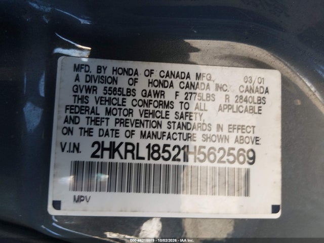 2001 Honda Odyssey Lx მანქანა იყიდება აუქციონზე, vin: 2HKRL18521H562569, აუქციონის ნომერი: 46218889