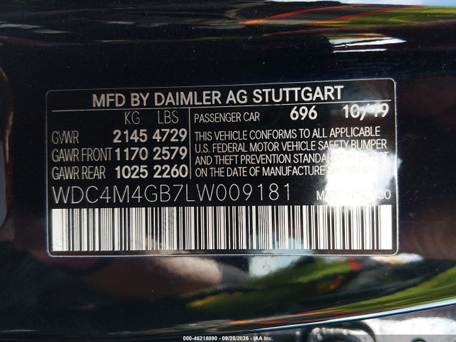 46218890 :رقم المزاد ، WDC4M4GB7LW009181 vin ، 2020 Mercedes-benz Glb 250 مزاد بيع
