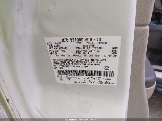 46218898 :رقم المزاد ، 1FMCU0D72CKA20280 vin ، 2012 Ford Escape Xlt مزاد بيع