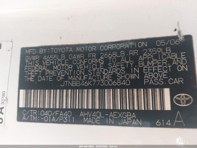 46218903 :رقم المزاد ، JTNBB46K773006840 vin ، 2007 Toyota Camry Hybrid مزاد بيع
