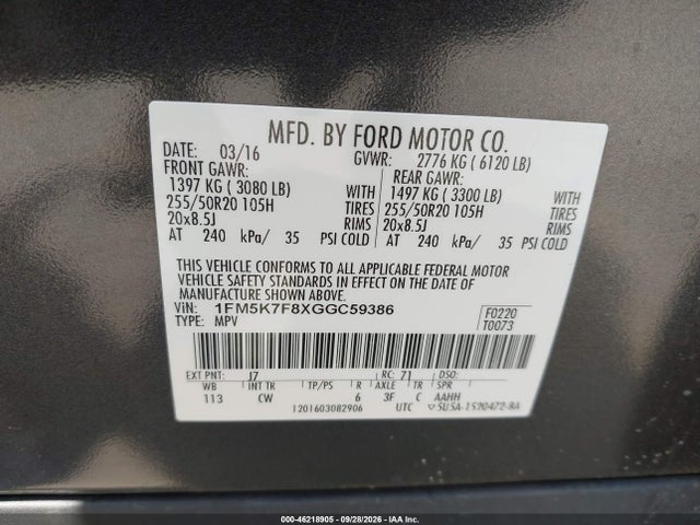 Продажа на аукционе авто 2016 Ford Explorer Limited, vin: 1FM5K7F8XGGC59386, номер лота: 46218905