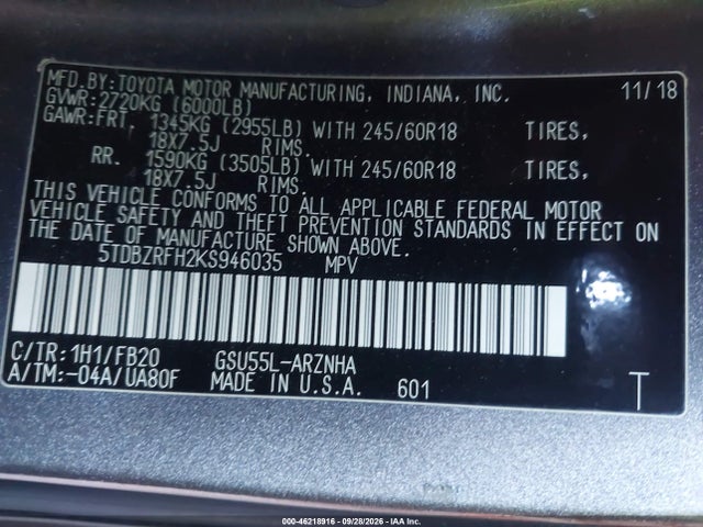 2019 Toyota Highlander Le მანქანა იყიდება აუქციონზე, vin: 5TDBZRFH2KS946035, აუქციონის ნომერი: 46218916