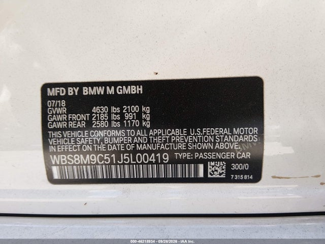 Продаж на аукціоні авто 2018 Bmw M3, vin: WBS8M9C51J5L00419, номер лоту: 46218934